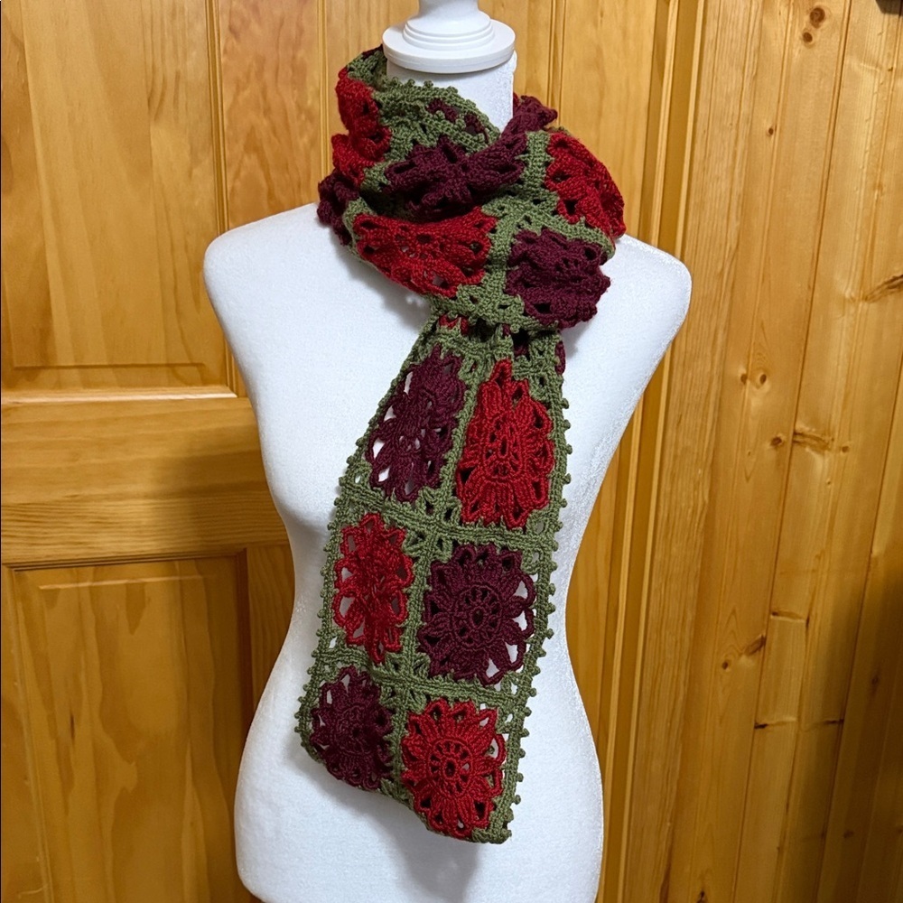 Crochet Granny Square Red, Green & Burgundy Eternity Scarf